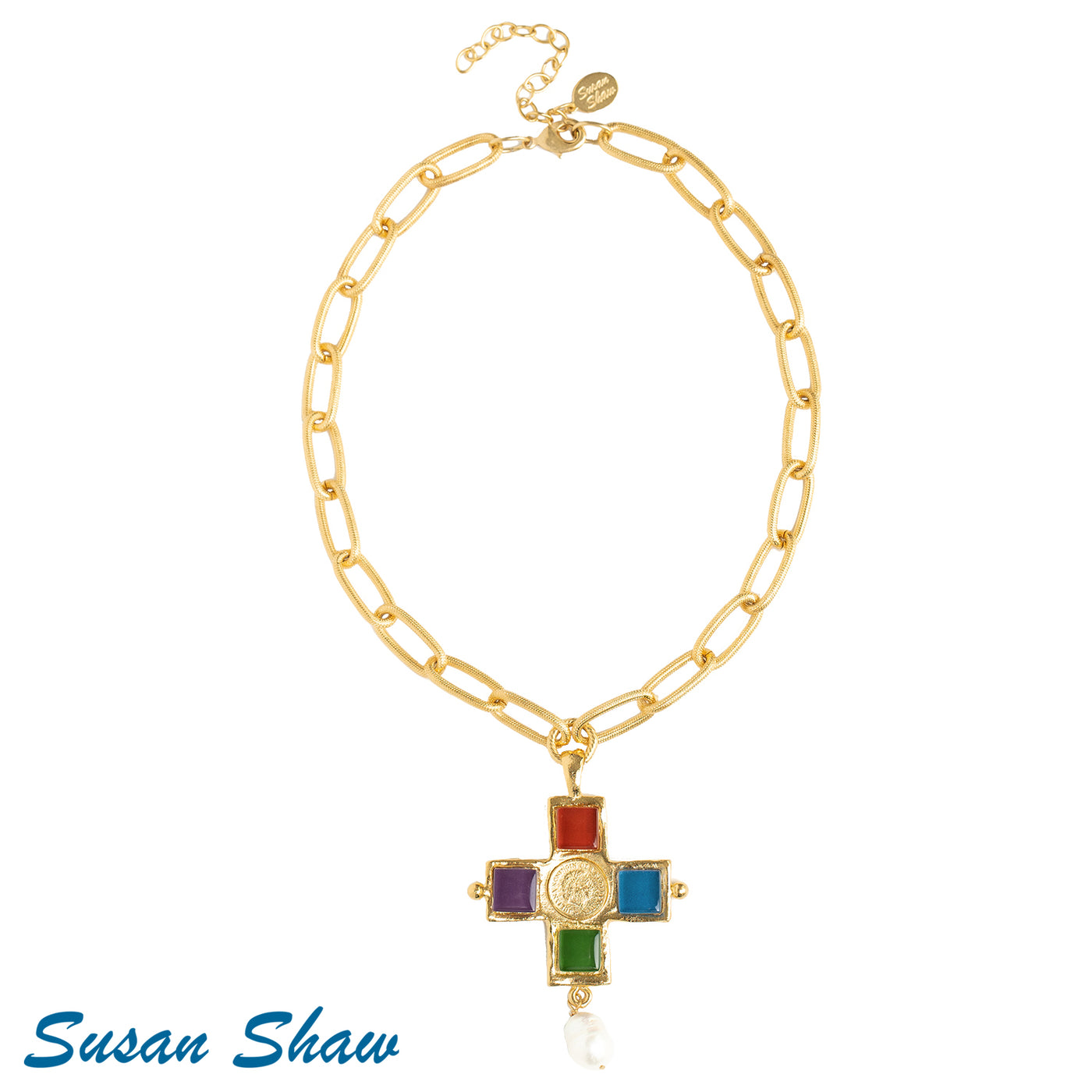 Charlotte Cross Chain Necklace with French Glass - Susan Shaw