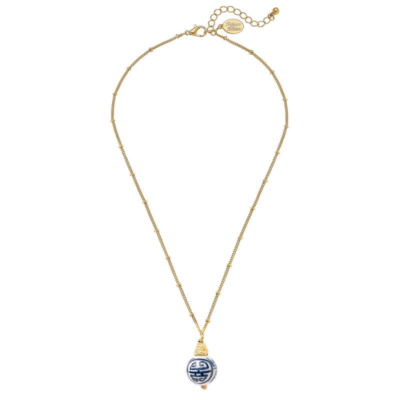 Blue & White Porcelain Bead on Dotted Gold Chain Necklace