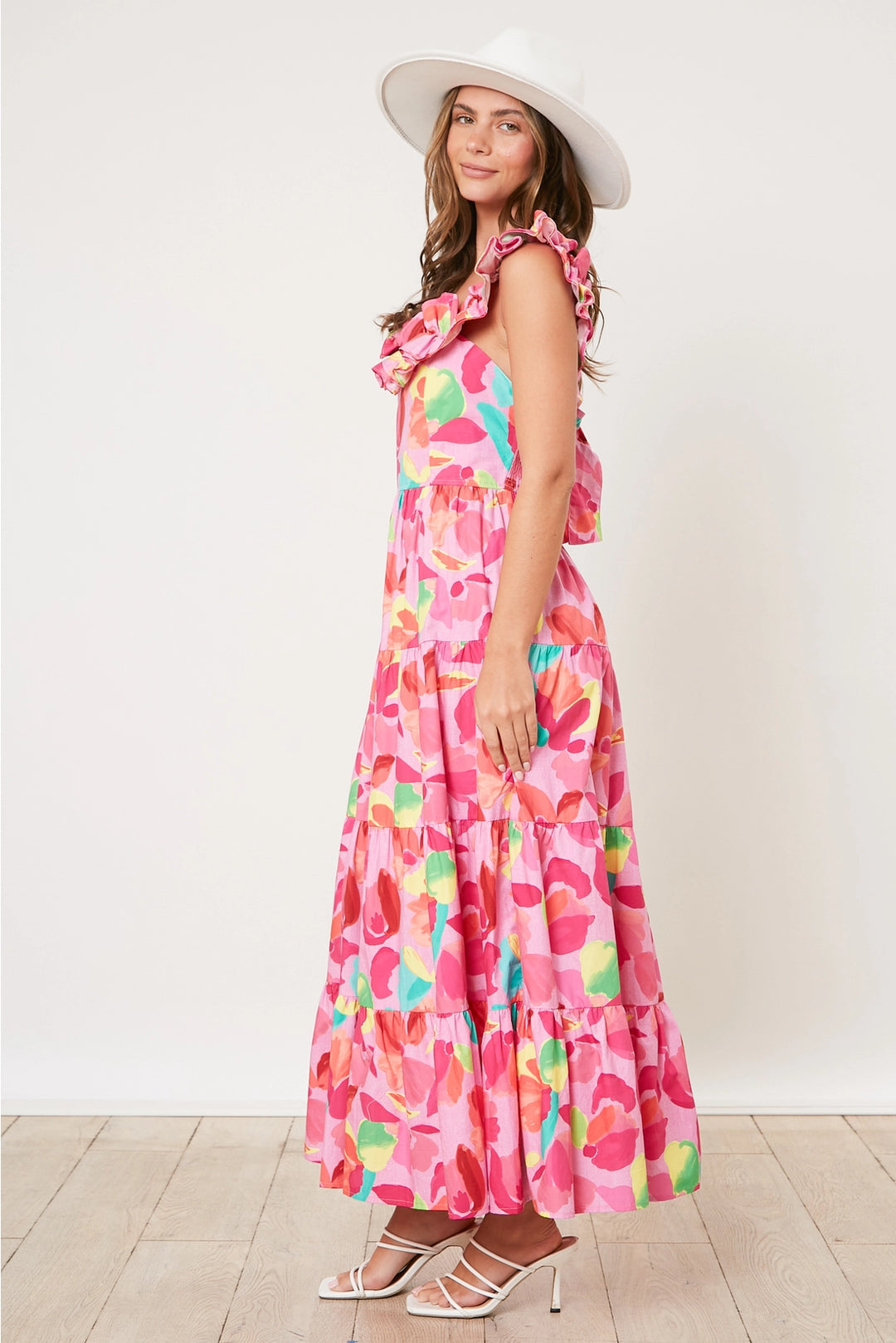 Sweet Jen Tied Back Floral Ruffle Maxi Dress