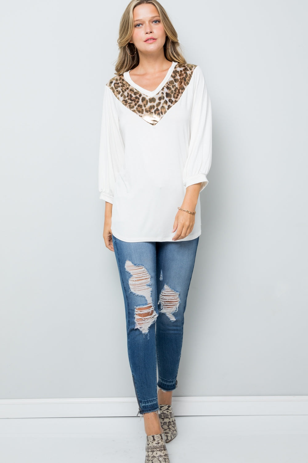 Celeste Leopard Contrast Balloon Sleeve Top