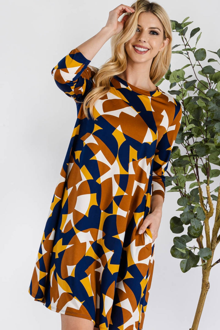 Celeste Geometric Round Neck Dress with Pockets