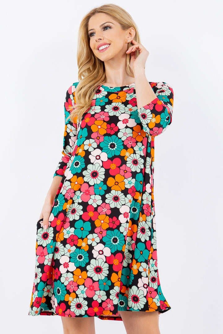 Celeste Floral Three-Quarter Sleeve Dress with Pockets