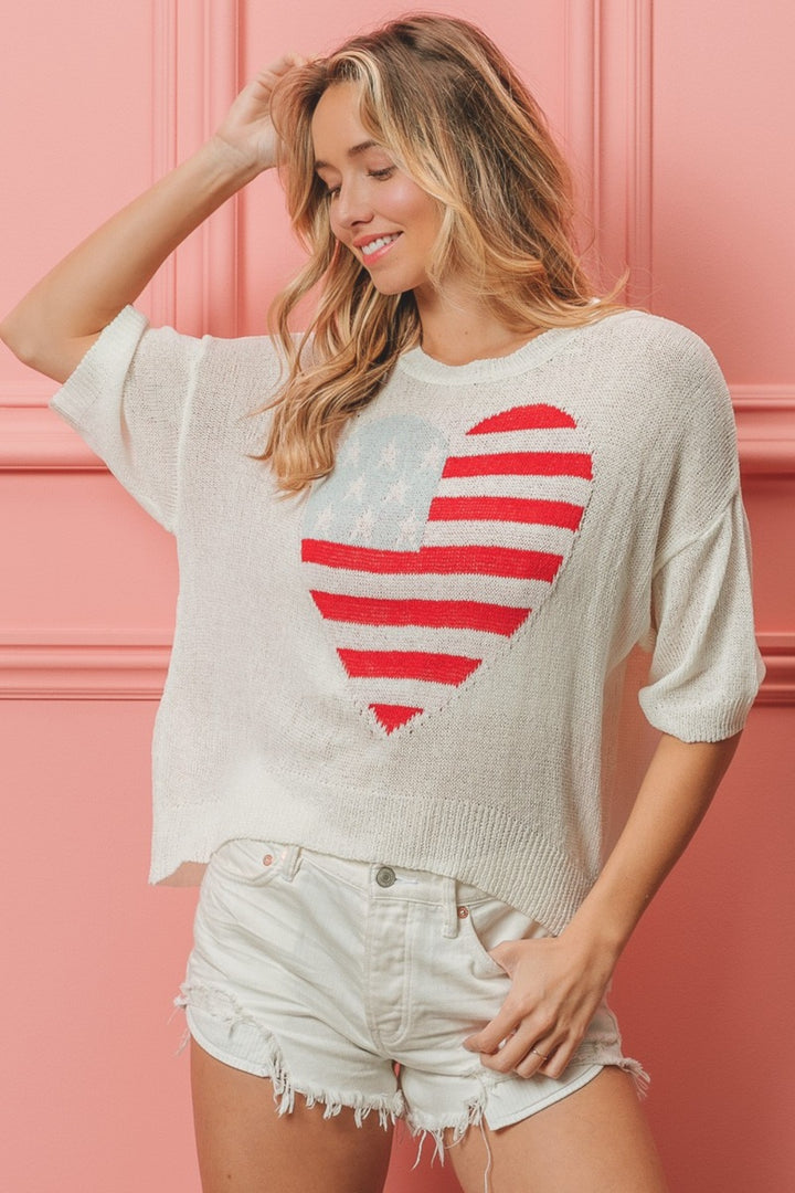 Striped Heart Contrast Knit Top BiBi