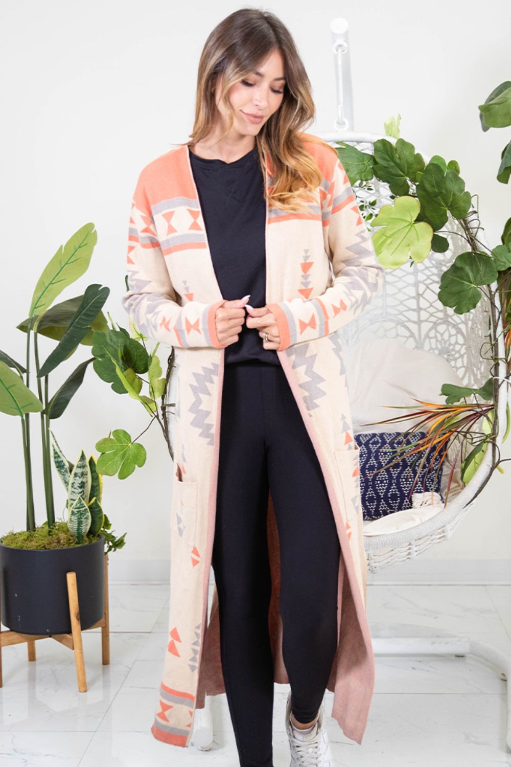 Melody Open Front Long Sleeve Geometric Longline Cardigan