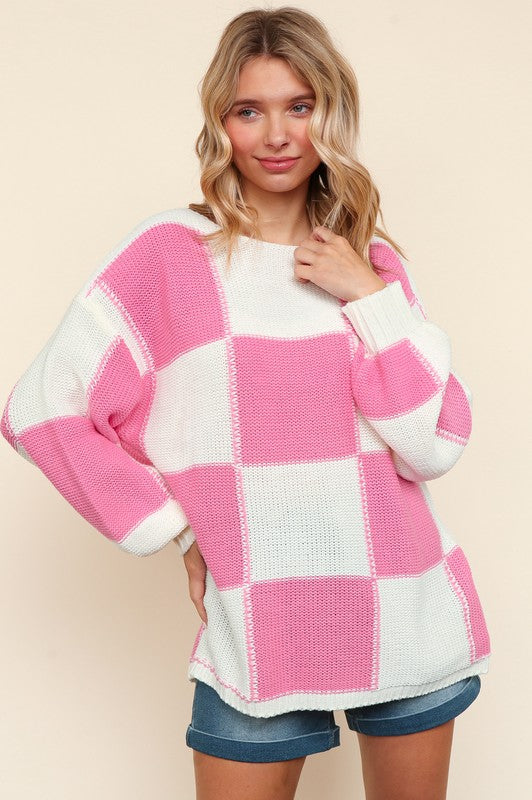 Haptics Checkered Round Neck Drop Shoulder Sweater