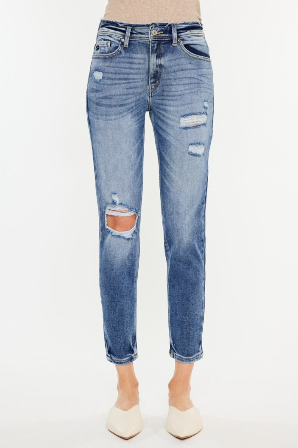 Lucy High Rise Distressed Mom Jeans Kancan