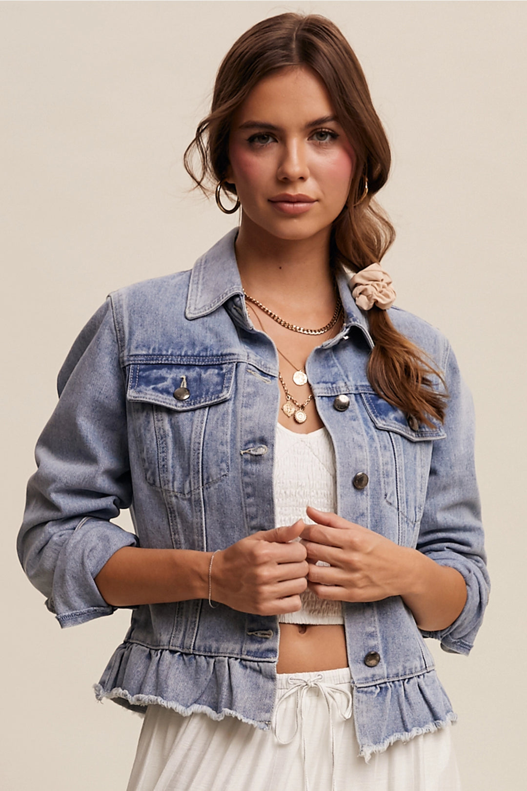 Ruffled Hem Denim Jacket