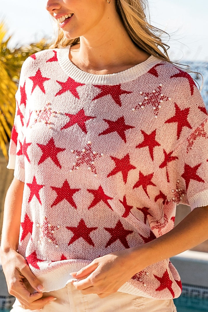 Scarlet Star Pattern Round Neck Short Sleeve Knit Top - BiBi