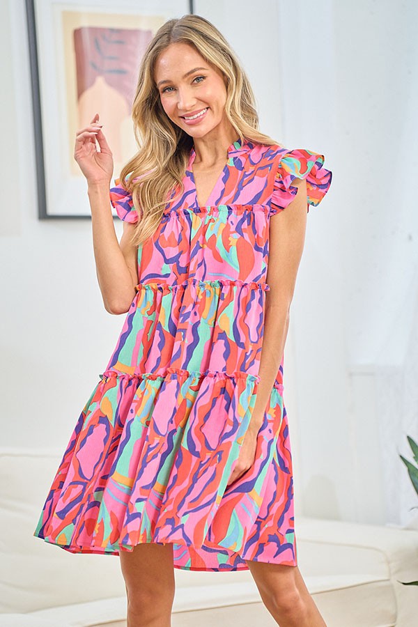 Printed Ruffle Cap Sleeve Tiered Dress - First Love