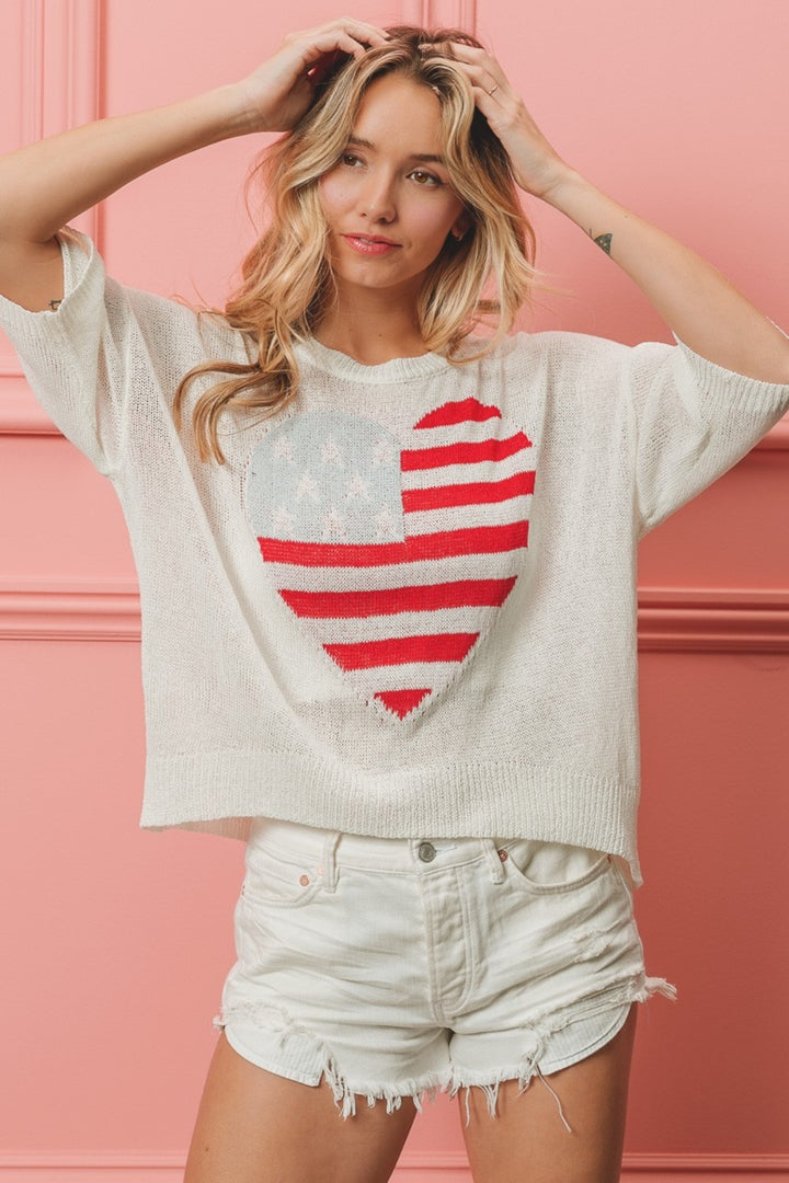 Striped Heart Contrast Knit Top BiBi