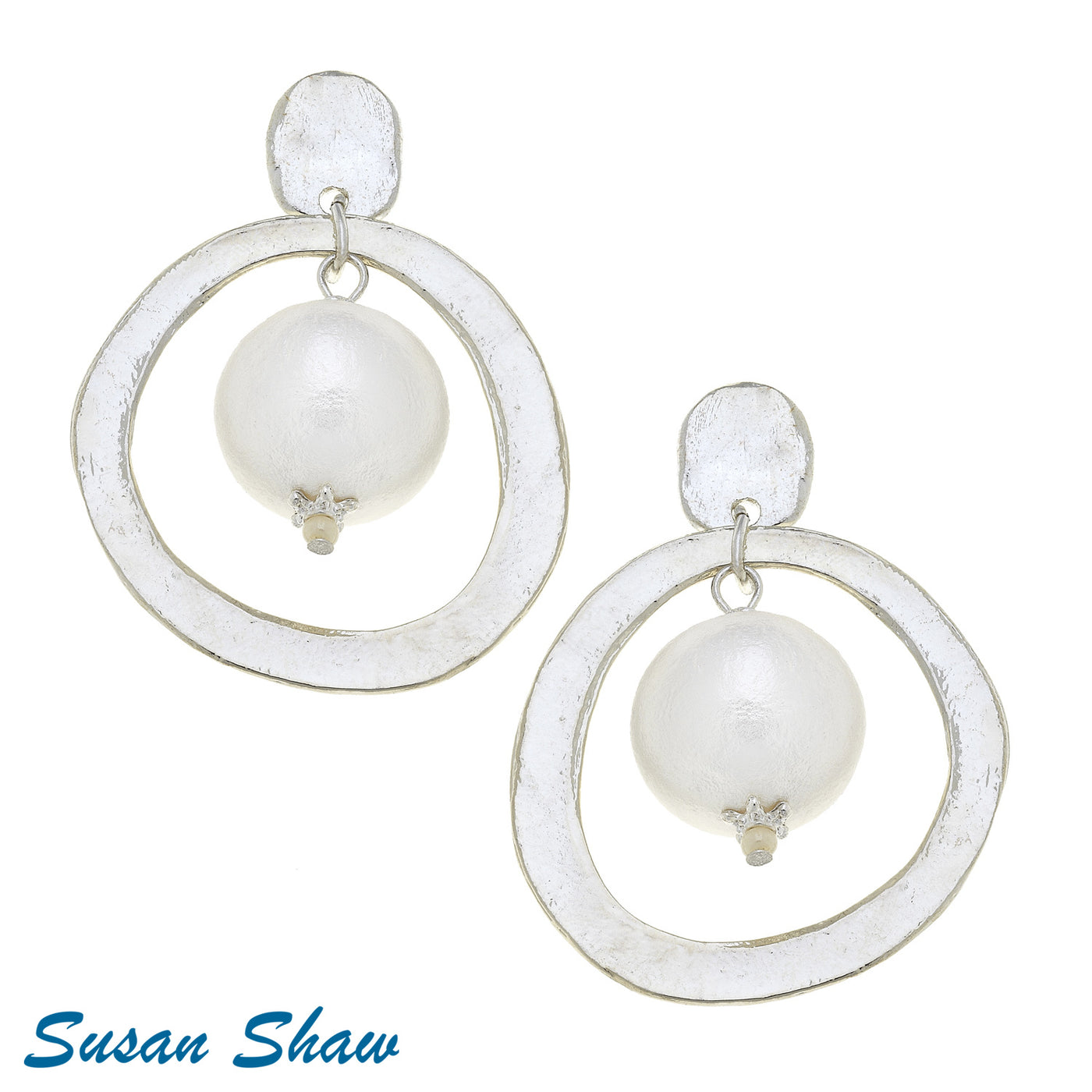 Silver Hoops with Cotton Pearl Earrings - Susan Shaw