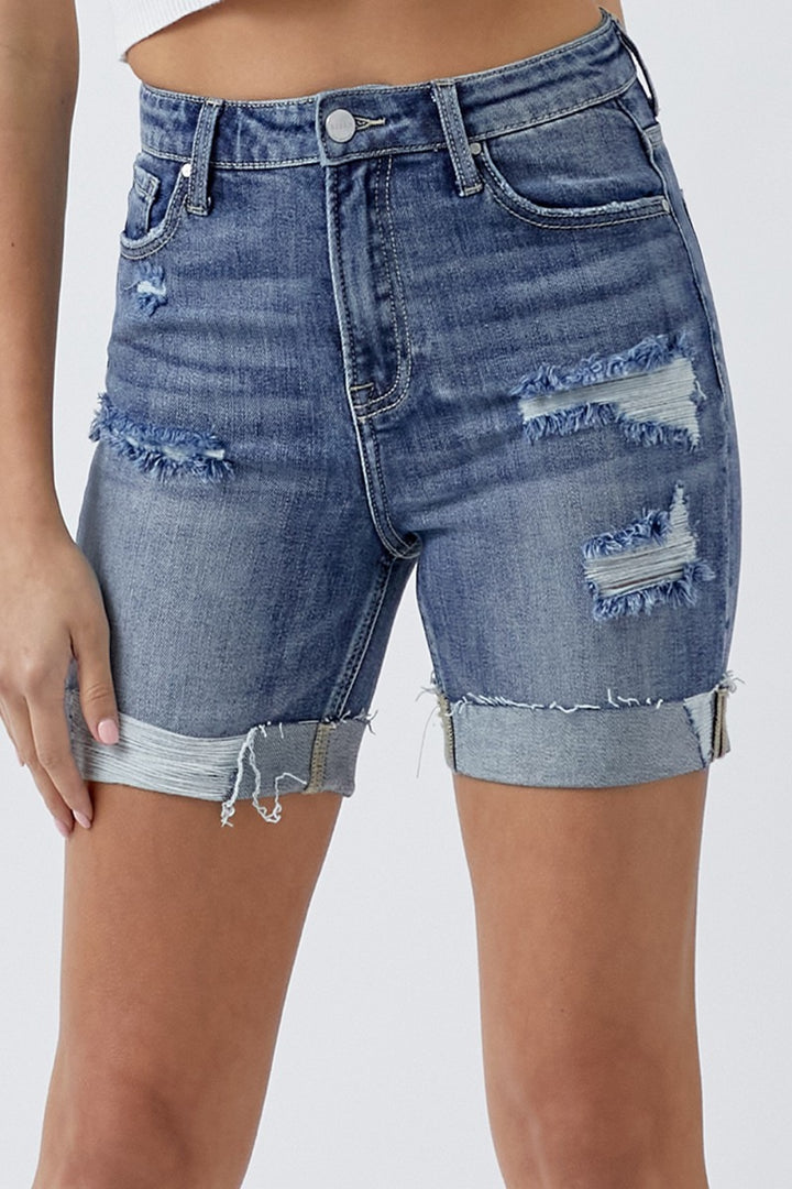 Danni Distressed Rolled Denim Shorts with Pockets - RISEN