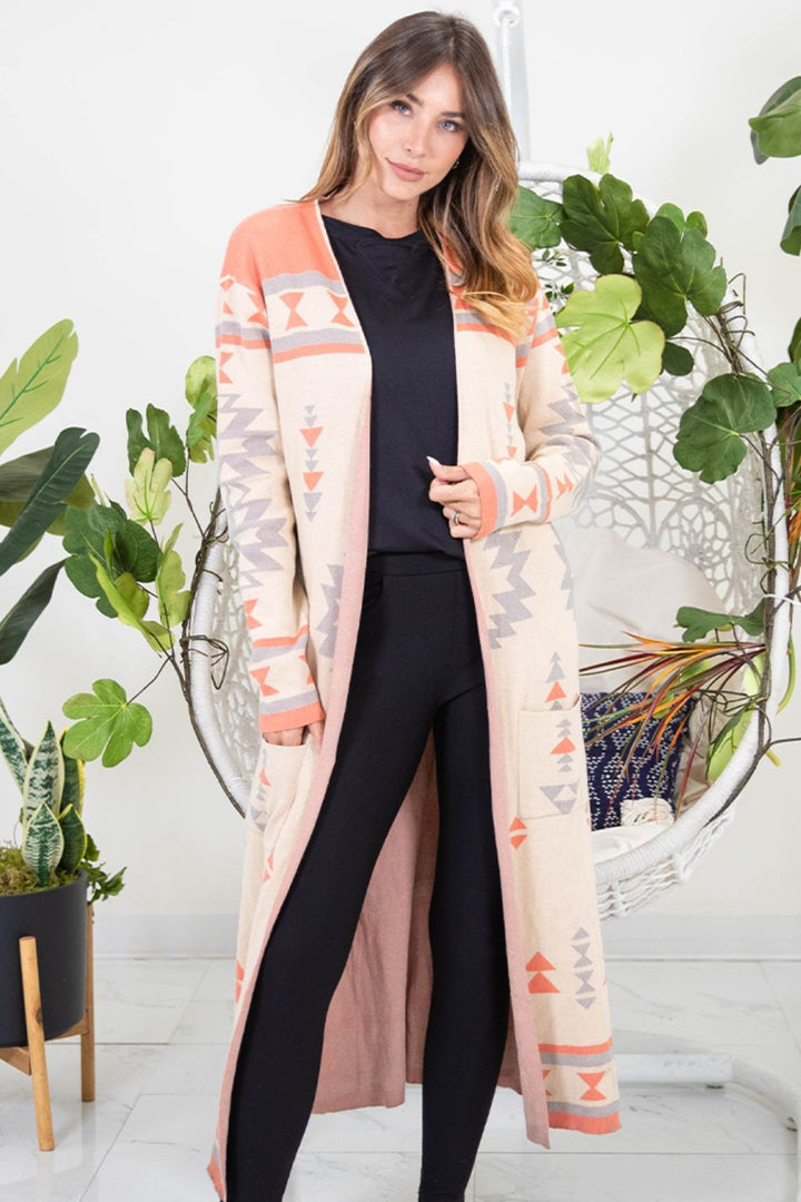 Melody Open Front Long Sleeve Geometric Longline Cardigan