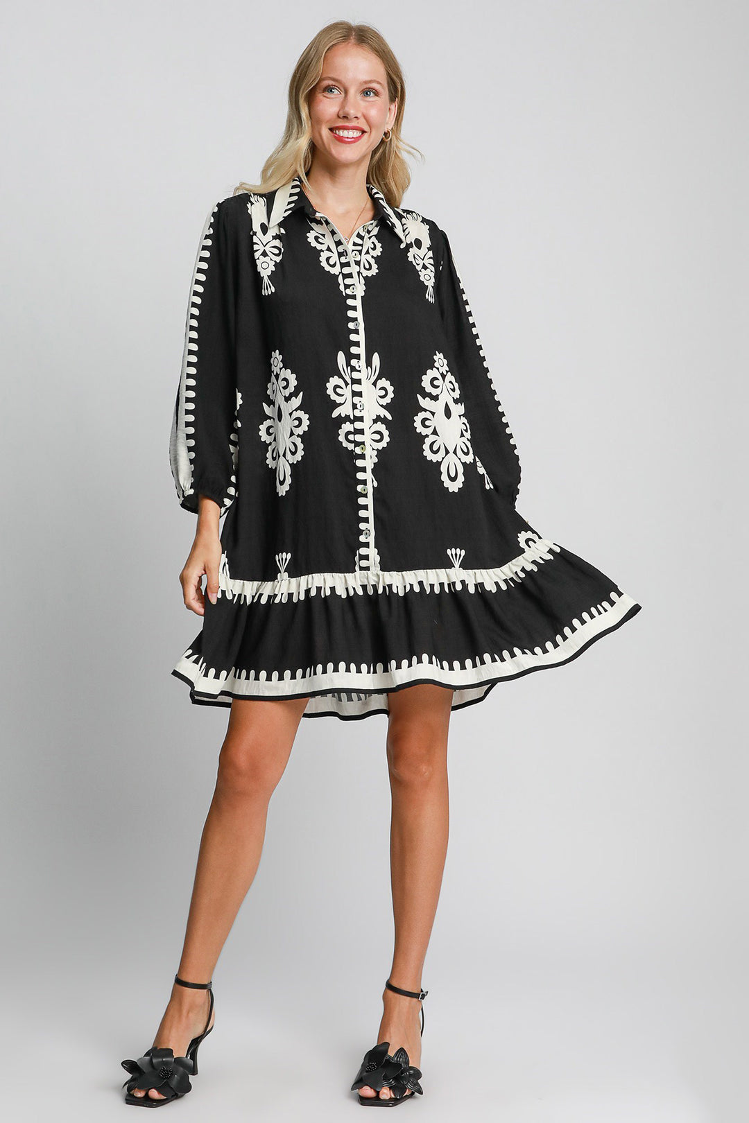 Black and Ivory Border Print Button Down Ruffled Hem Dress - Umgee