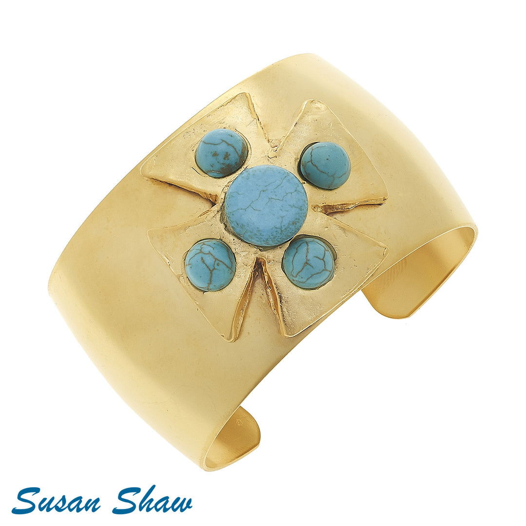 Gold + Turquoise Maltese Cross Cuff - Susan Shaw