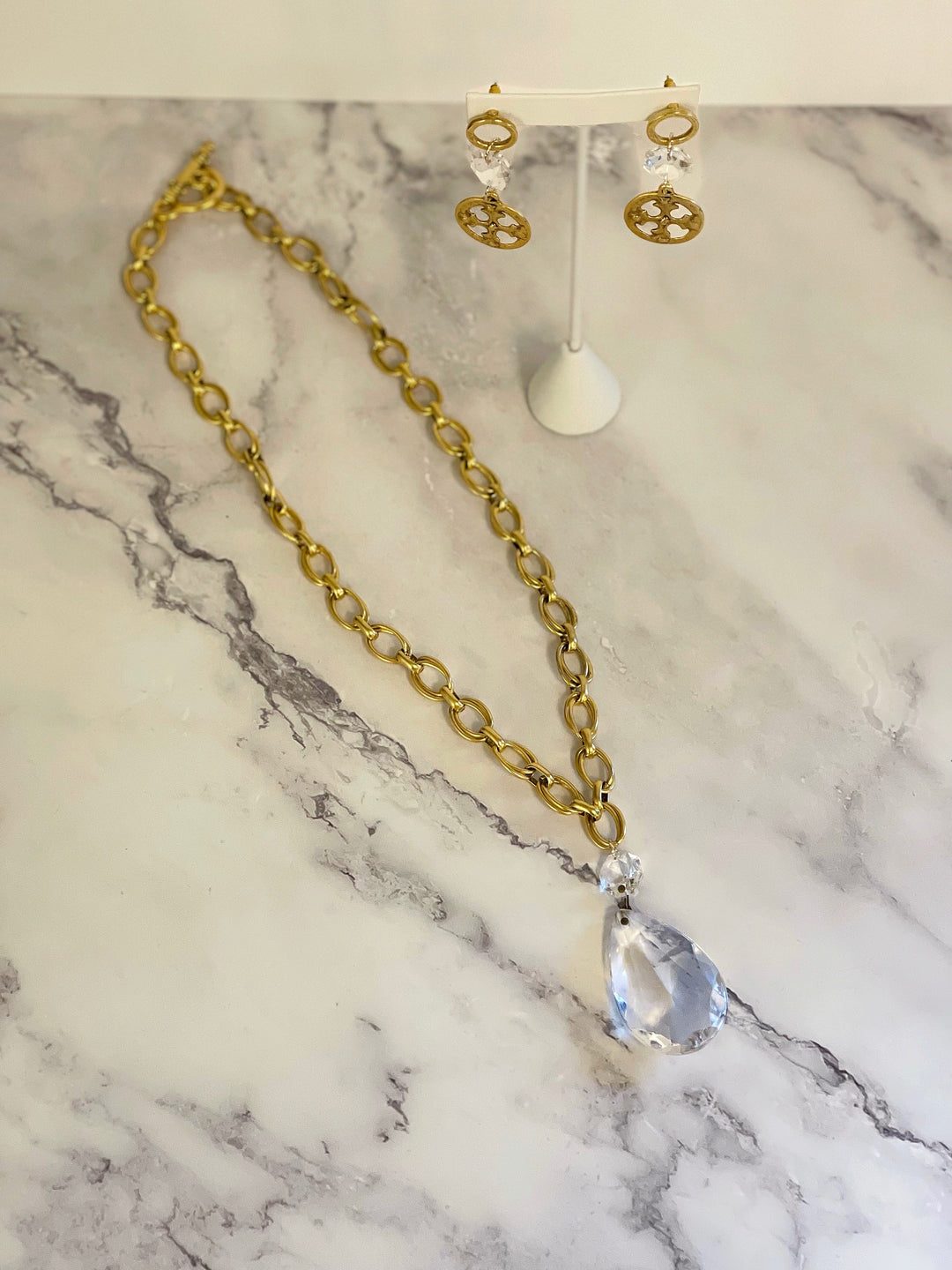 Heirloom Cross Drop Earrings paired with coordinating chandelier crystal necklace