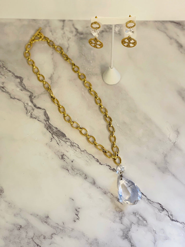 Heirloom Cross Drop Earrings paired with coordinating chandelier crystal necklace
