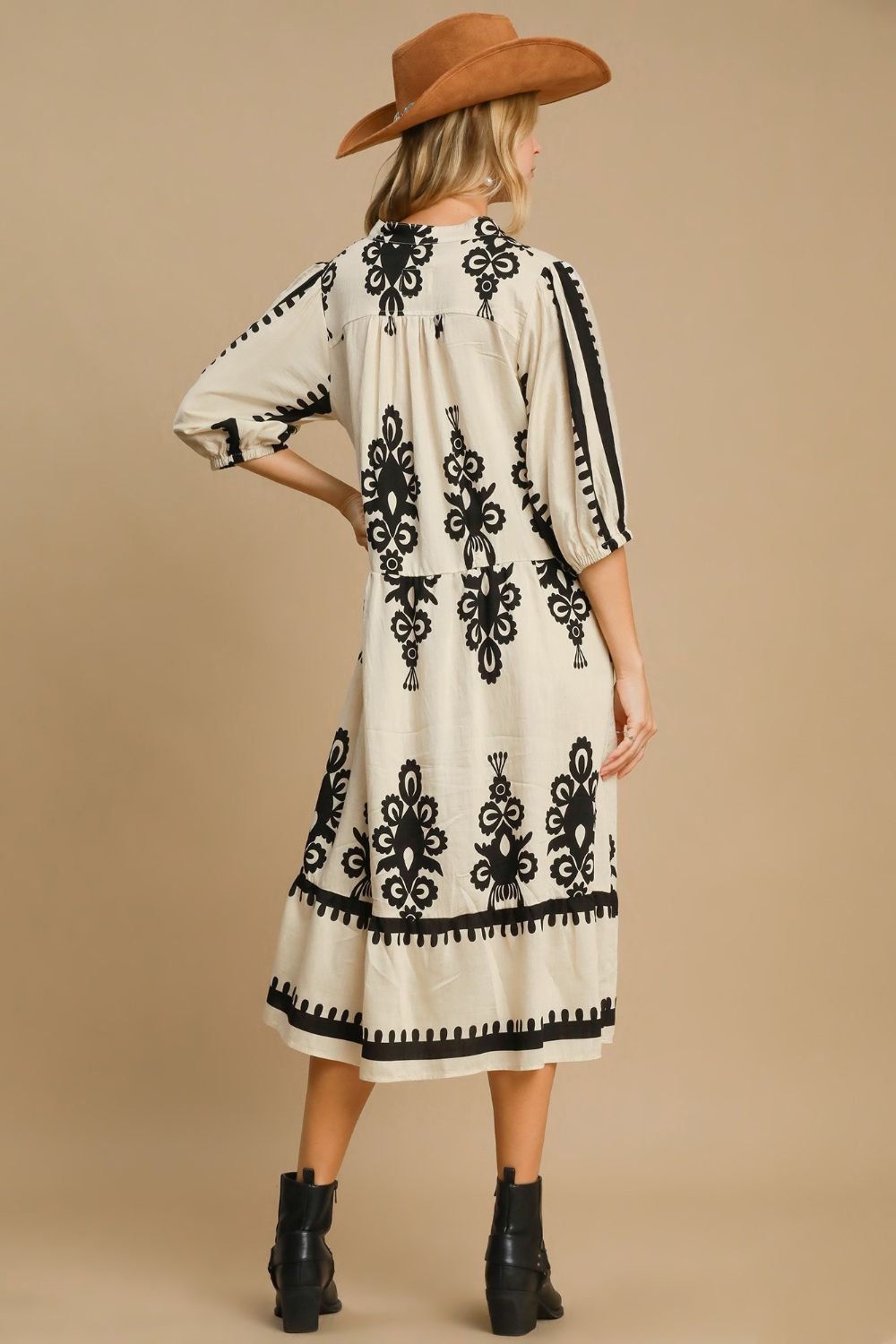 Ivory and Black Printed Notched Midi Dress - Umgee