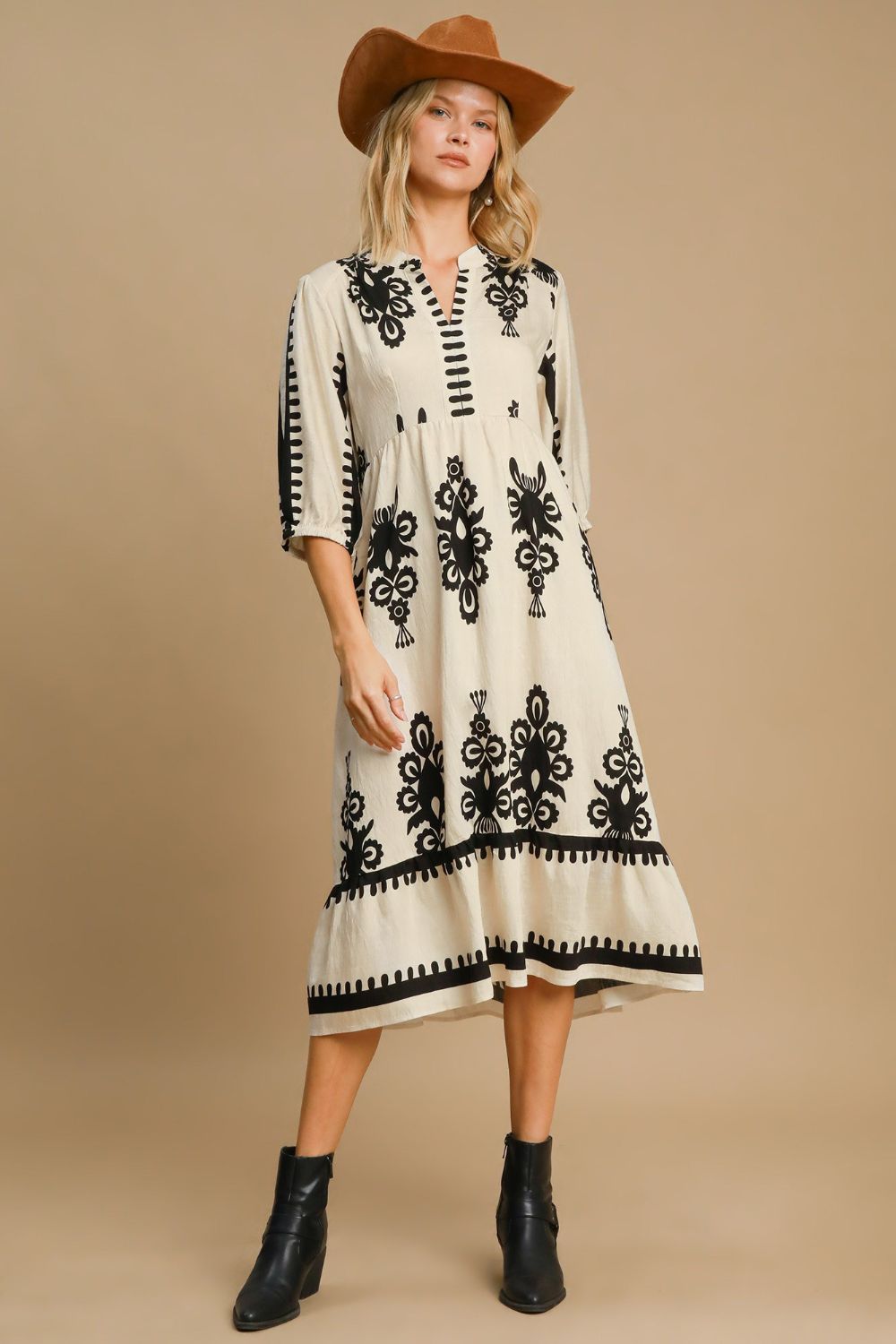 Ivory and Black Printed Notched Midi Dress - Umgee