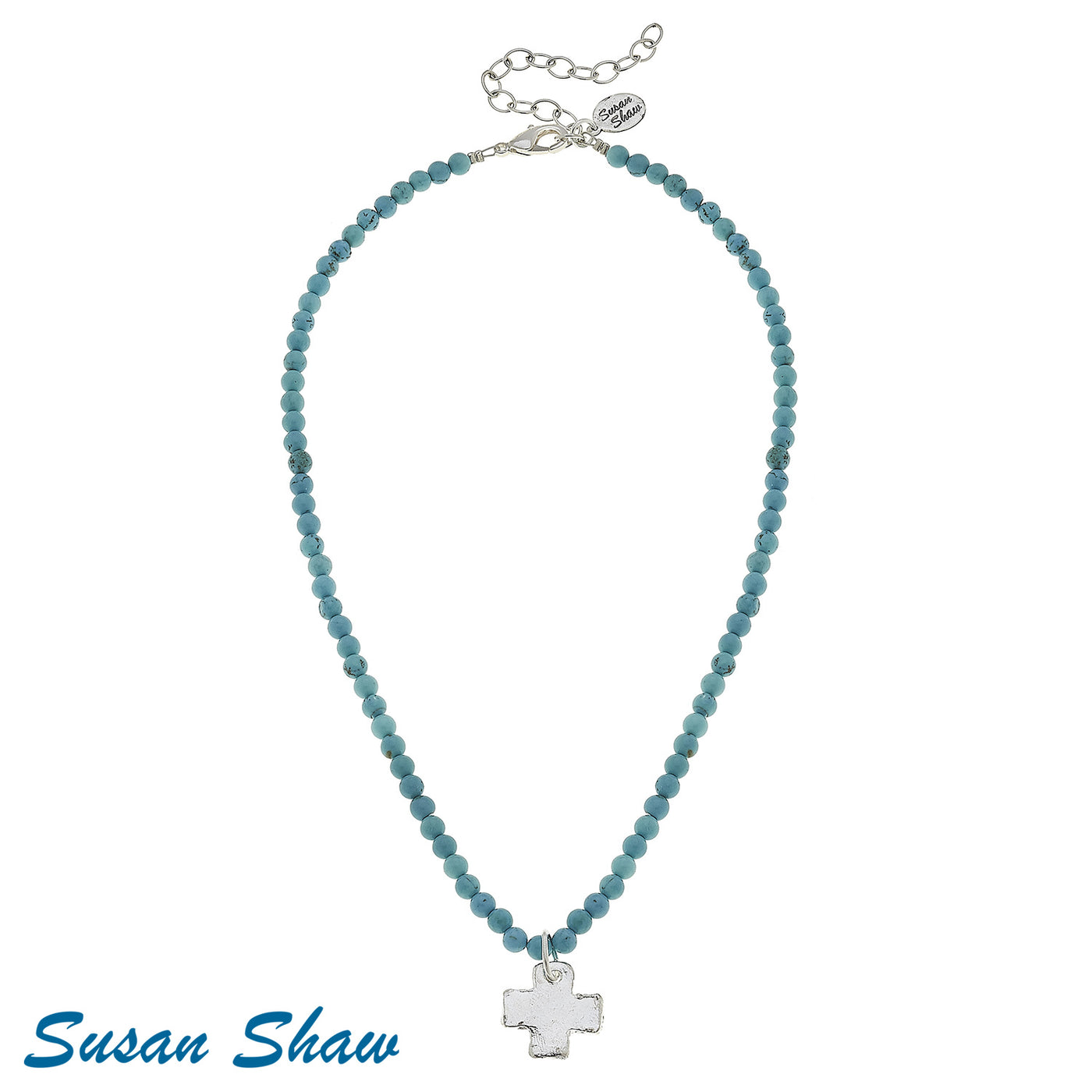 Silver Cross on Turquoise Beaded Necklace - Susan Shaw