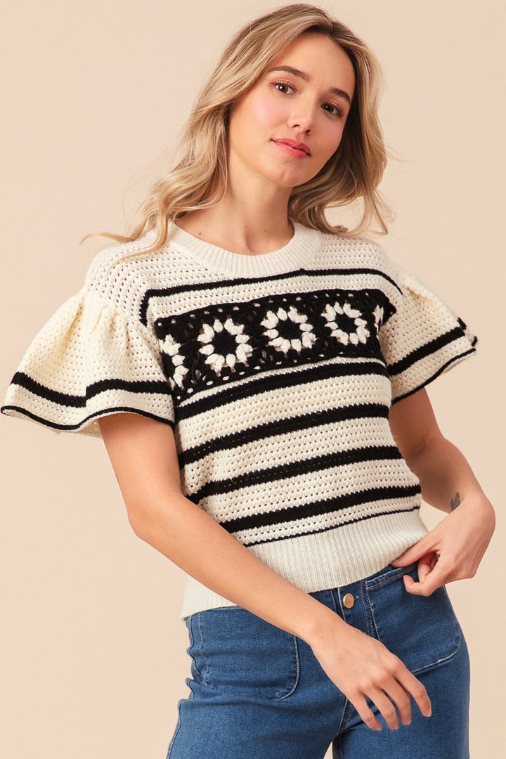 Granny Square Short Sleeve Striped Sweater - BiBi