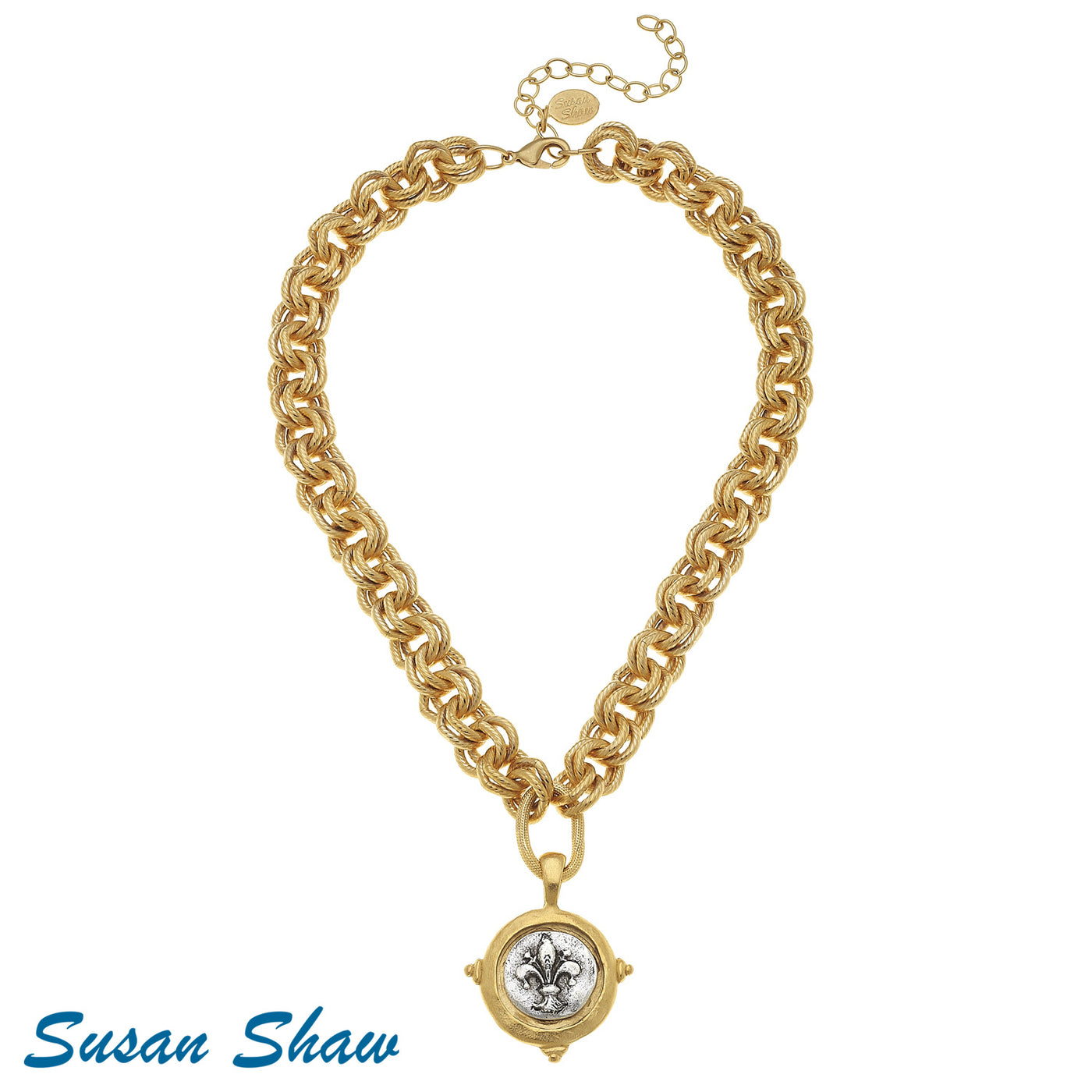 Gold and Silver Italian Intaglio Fleur de Lis Necklace