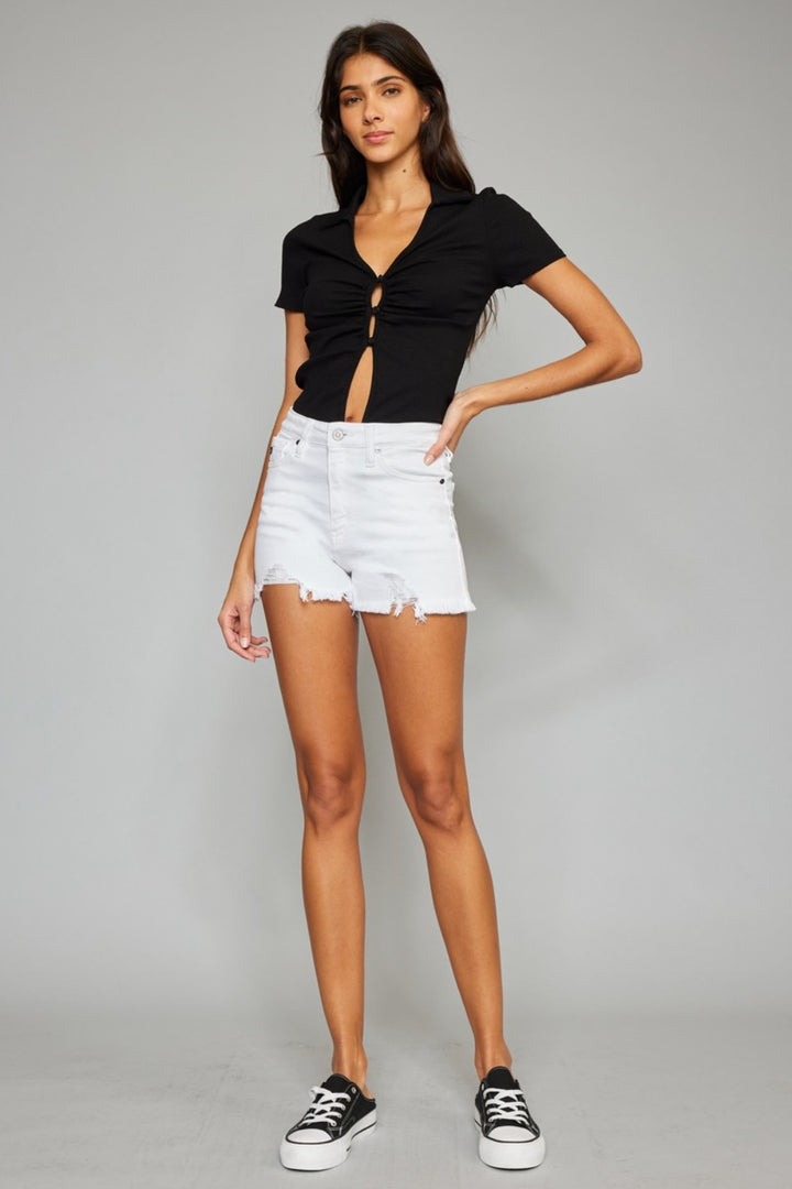 Caroline High Rise Frayed Hem Denim Shorts Kancan