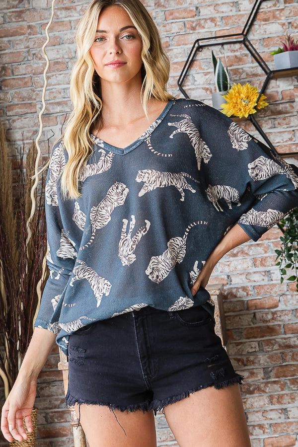 Tonya Tiger Print Grey Lightweight Knit Top