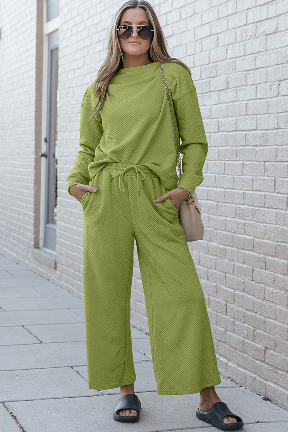 Double Take Textured Long Sleeve Top and Drawstring Pants Set