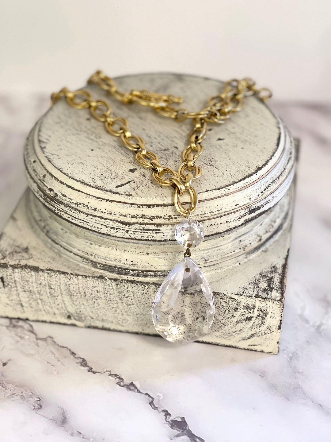 Heirloom Crystal Drop Necklace with gold chain and vintage chandelier crystal pendant