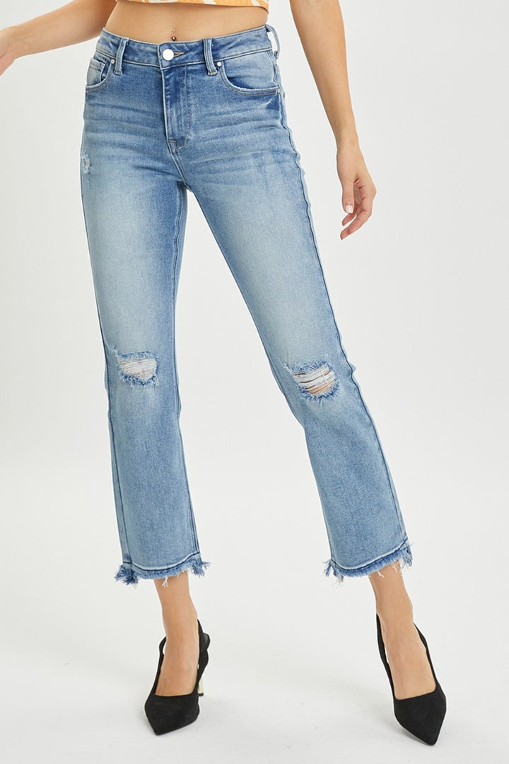 High Rise Distressed Cropped Straight Jeans RISEN