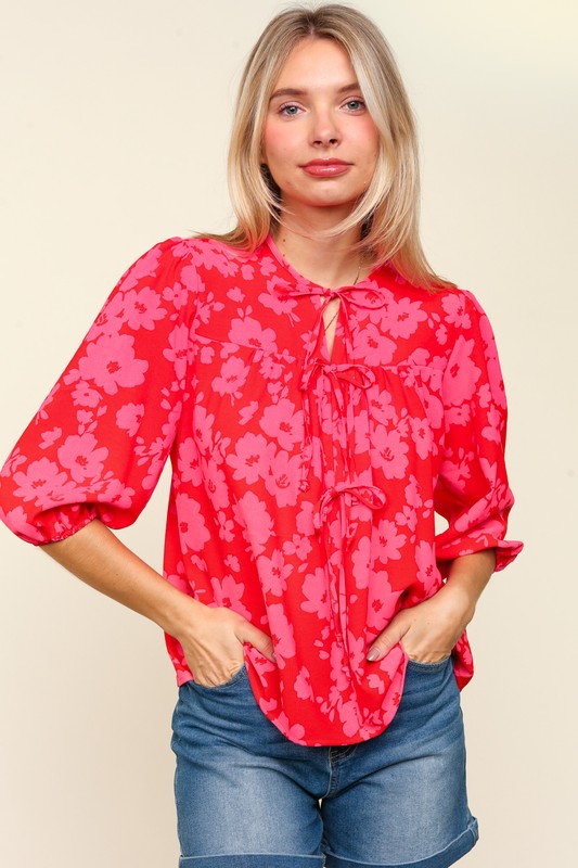 Haptics Ribbon Front Tie Floral Balloon Sleeve Blouse