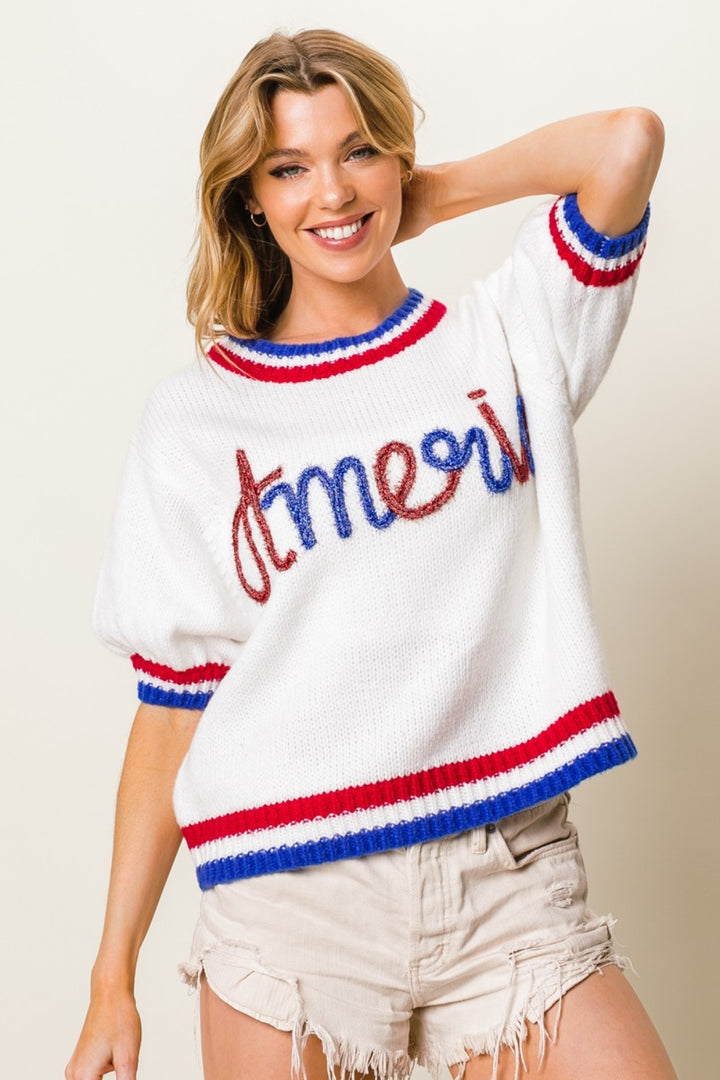 Metallic America Letter Short Sleeve Sweater BiBi