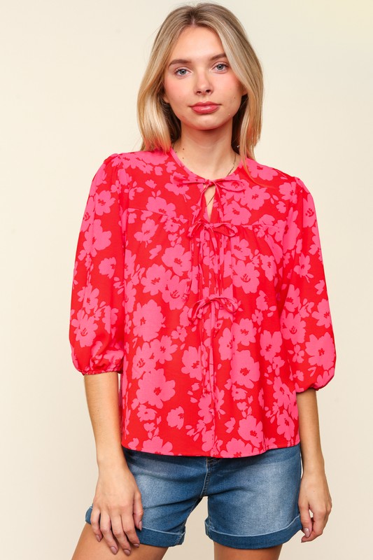 Haptics Ribbon Front Tie Floral Balloon Sleeve Blouse