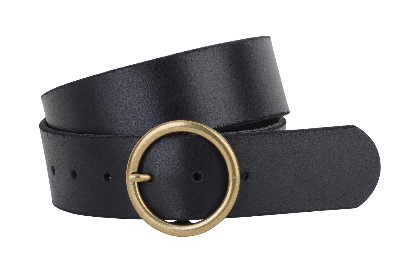 Cheval Wide Brass-Toned Ring Buckle Leather Belt: Black