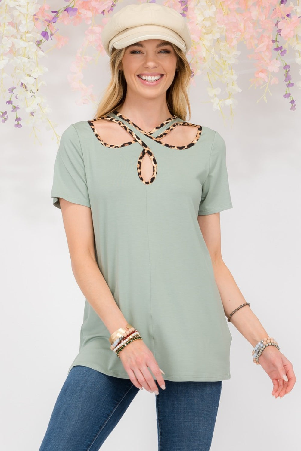 Celeste Crisscross Cutout Leopard Contrast Trim T-Shirt