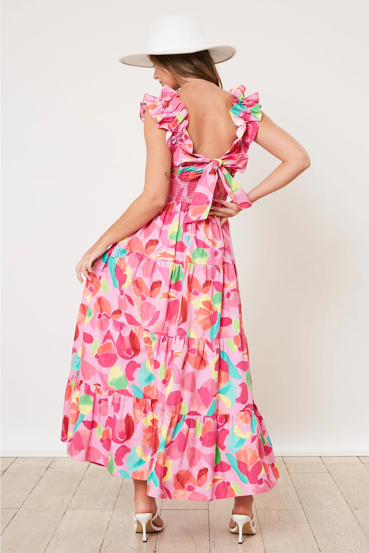 Sweet Jen Tied Back Floral Ruffle Maxi Dress