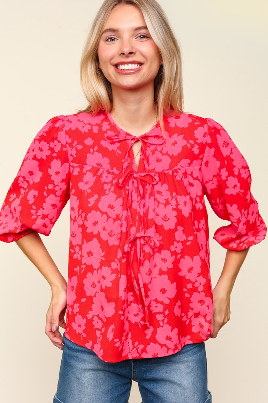 Haptics Ribbon Front Tie Floral Balloon Sleeve Blouse