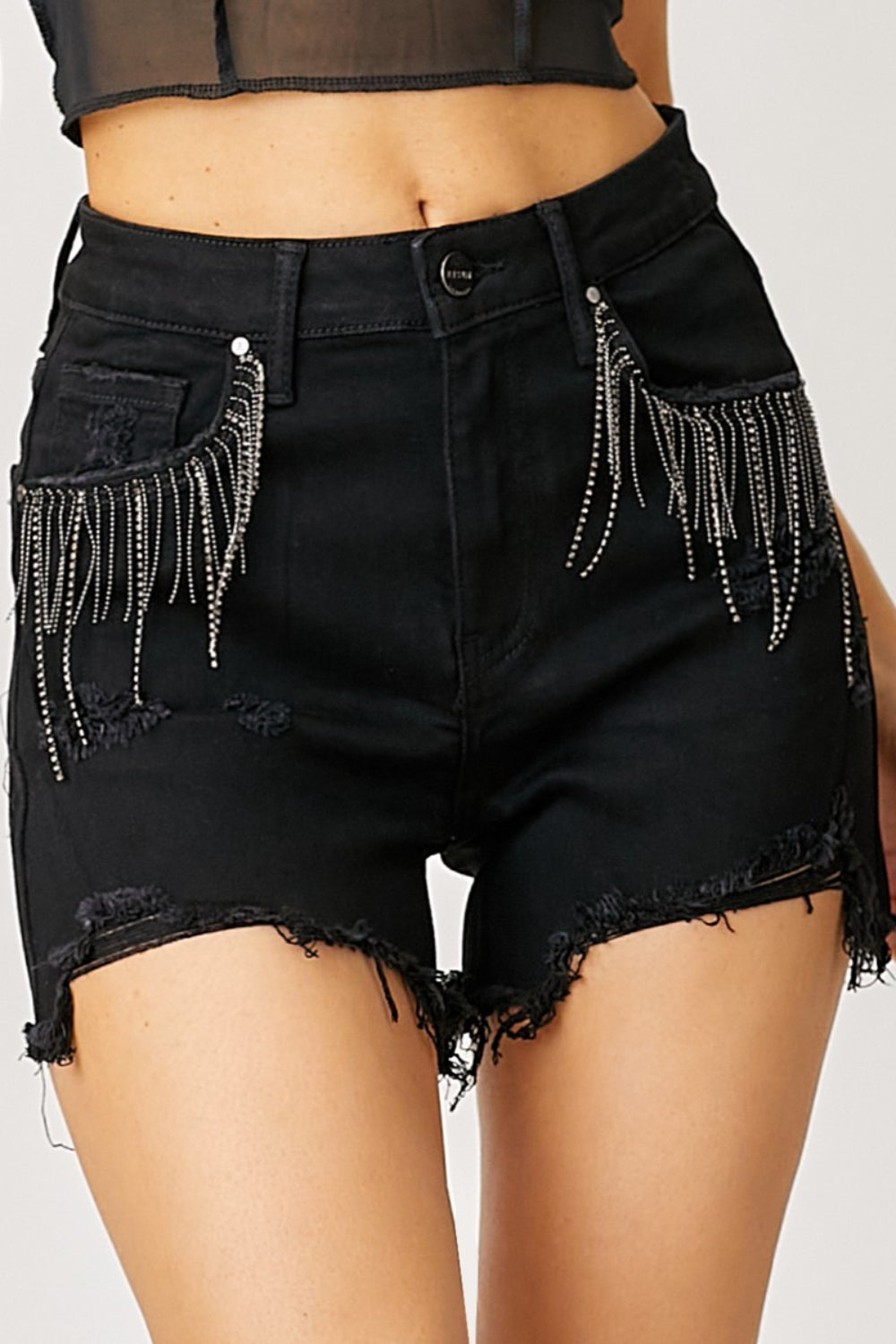 Night Out Frayed Hem Denim Shorts with Fringe Detail Pockets RISEN