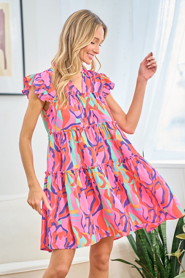 Printed Ruffle Cap Sleeve Tiered Dress - First Love