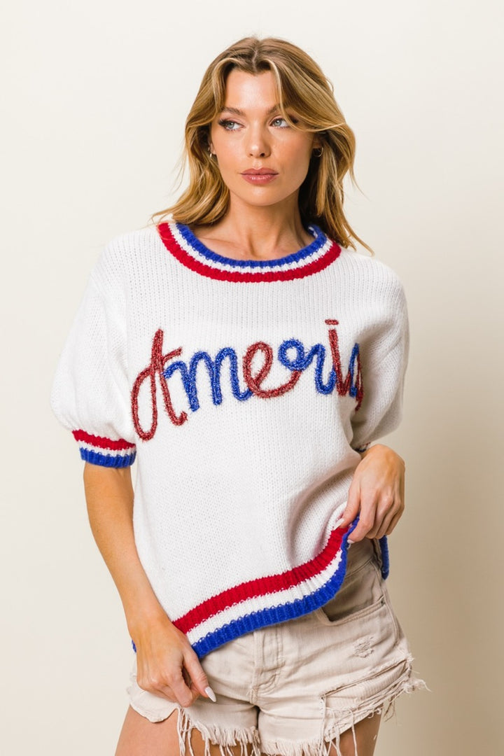 Metallic America Letter Short Sleeve Sweater BiBi