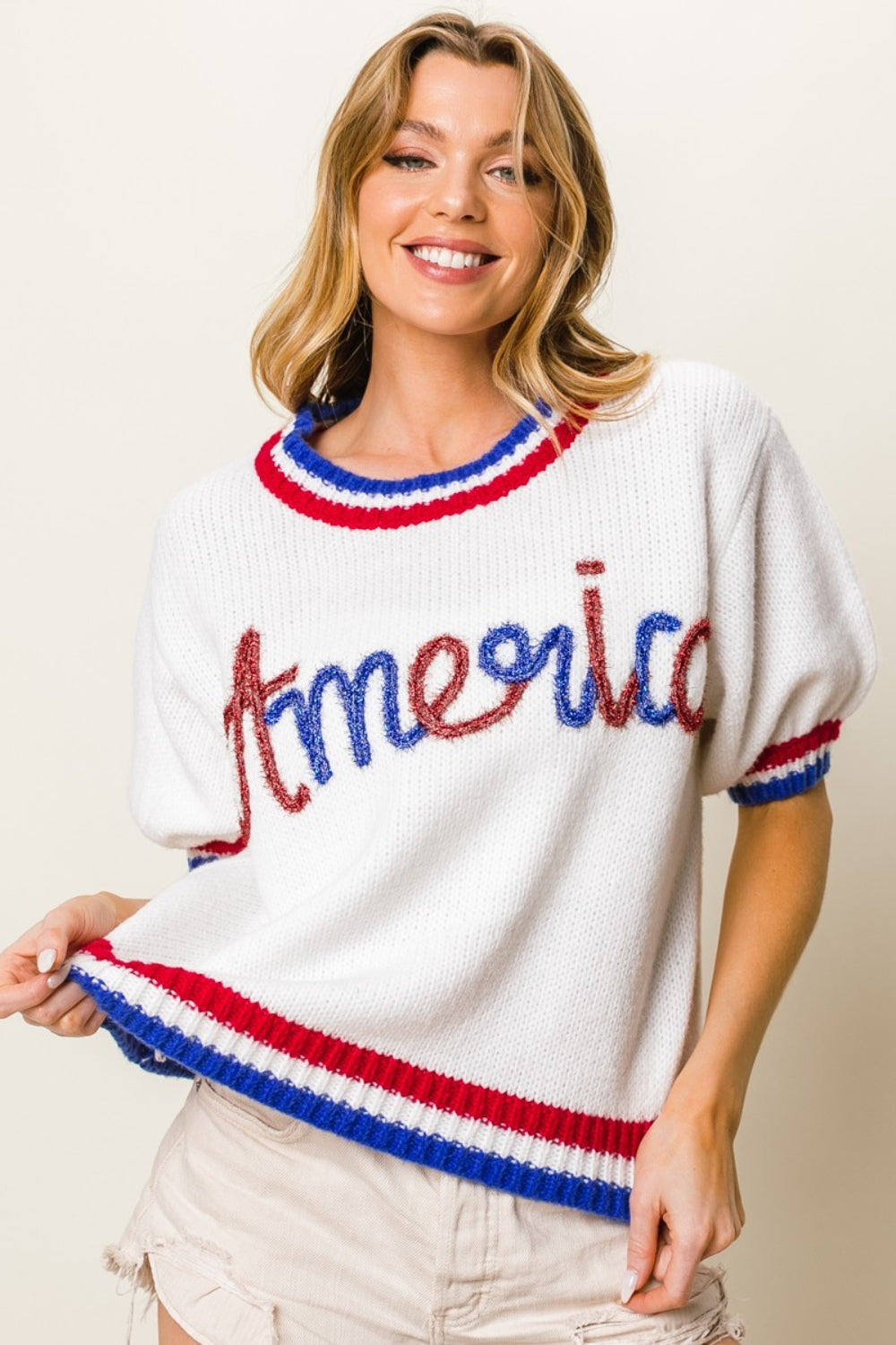 Metallic America Letter Short Sleeve Sweater BiBi