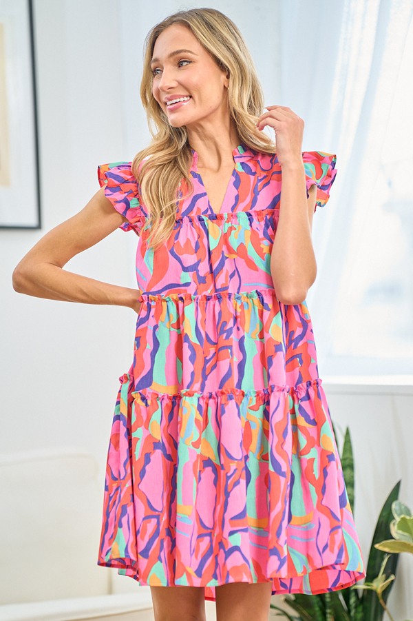 Printed Ruffle Cap Sleeve Tiered Dress - First Love