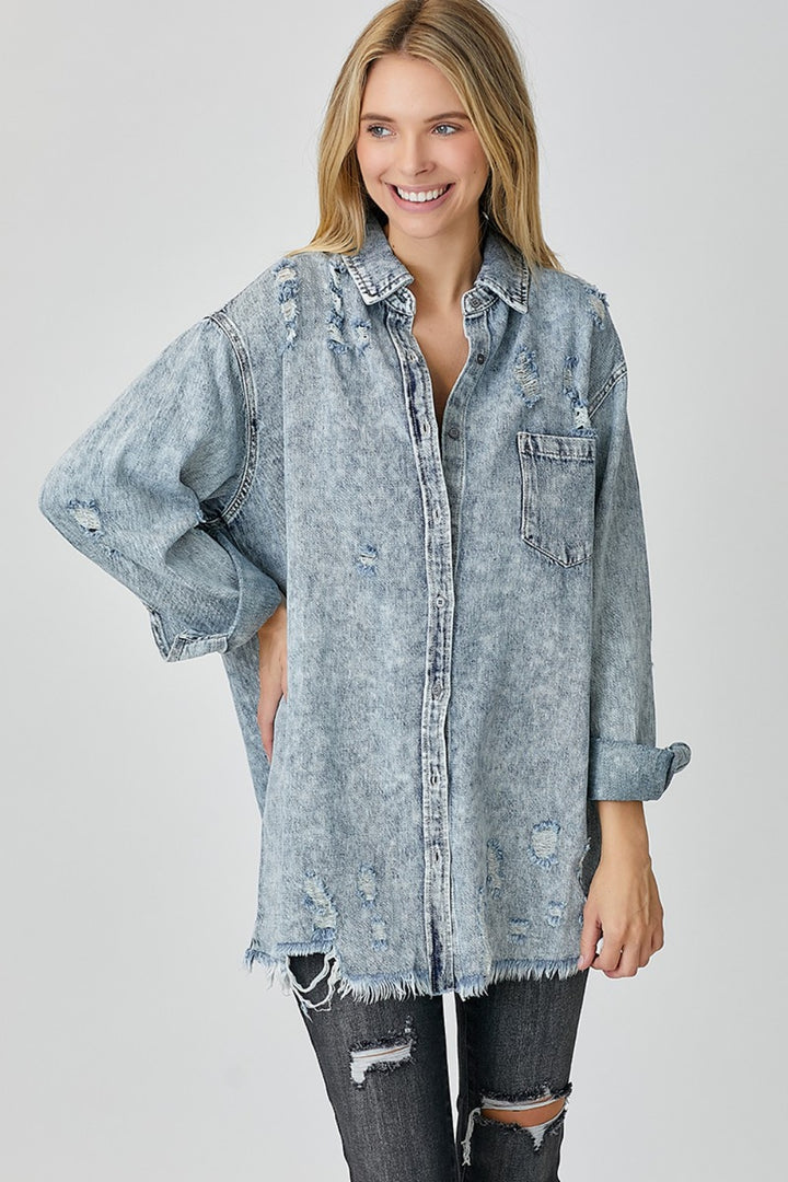 Diana Distressed Raw Hem Denim Shirt - RISEN