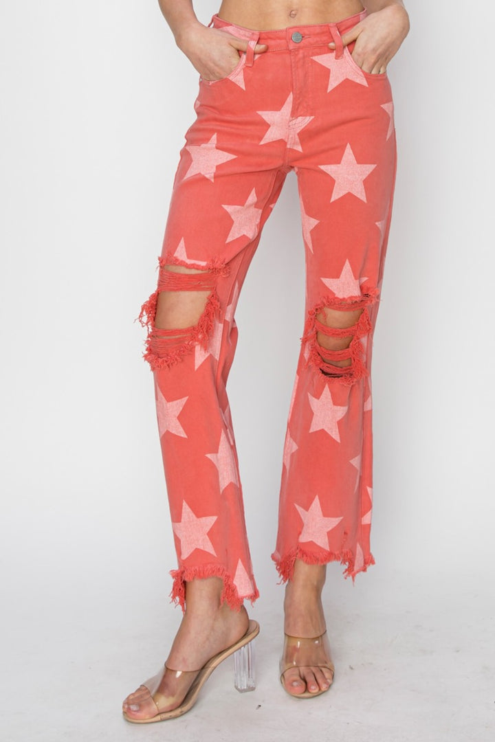 I'm A Star Distressed Raw Hem Star Pattern Jeans - RISEN