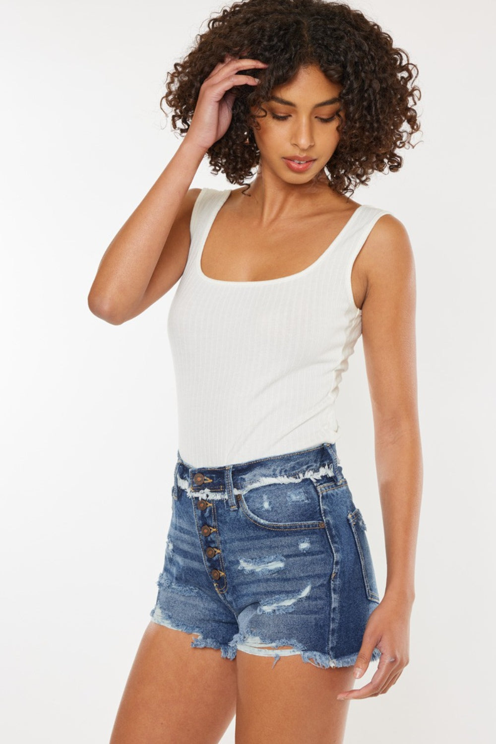 Brielle Distressed Button Fly Denim Shorts Kancan