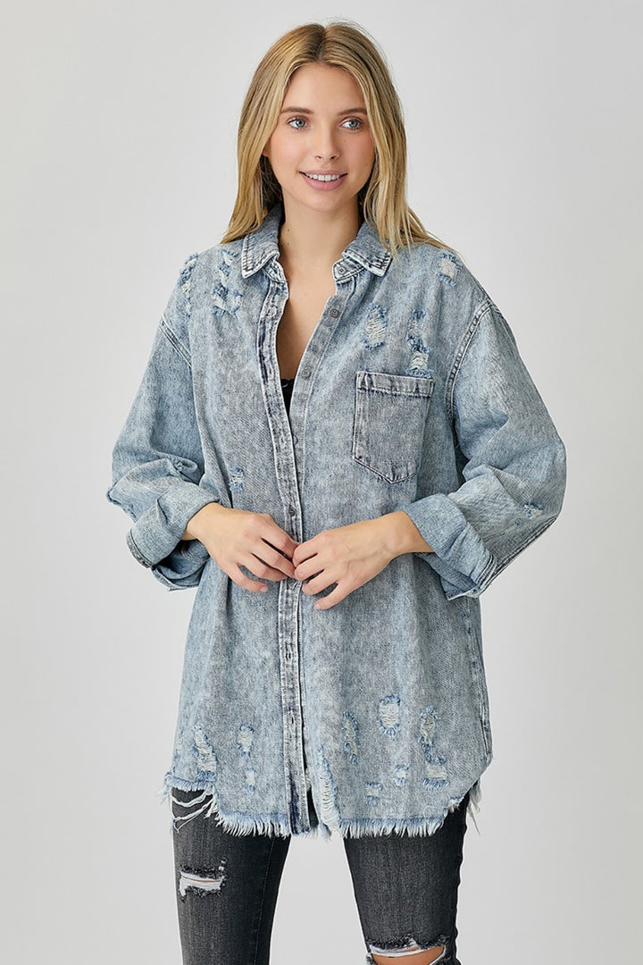 Diana Distressed Raw Hem Denim Shirt - RISEN