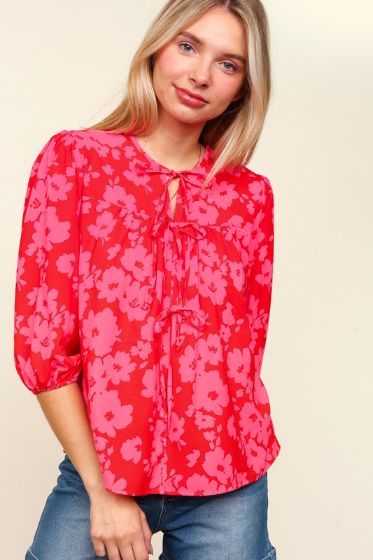 Haptics Ribbon Front Tie Floral Balloon Sleeve Blouse