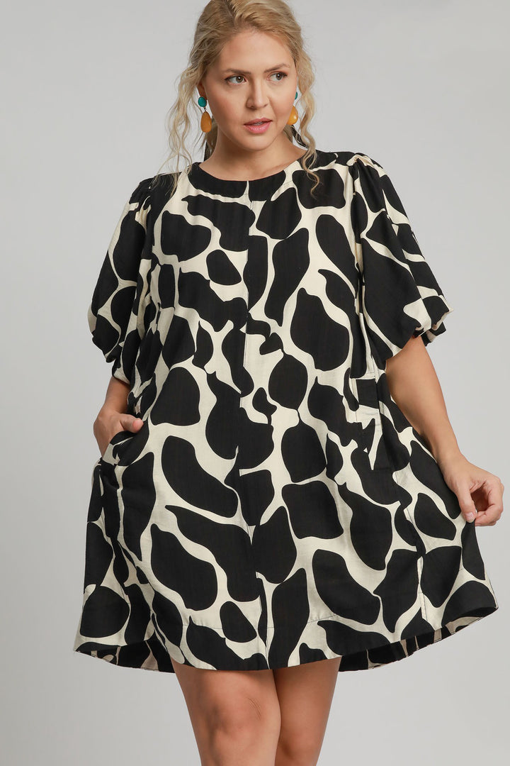 Two Tone Abstract Print Puff Sleeve Dress - Umgee