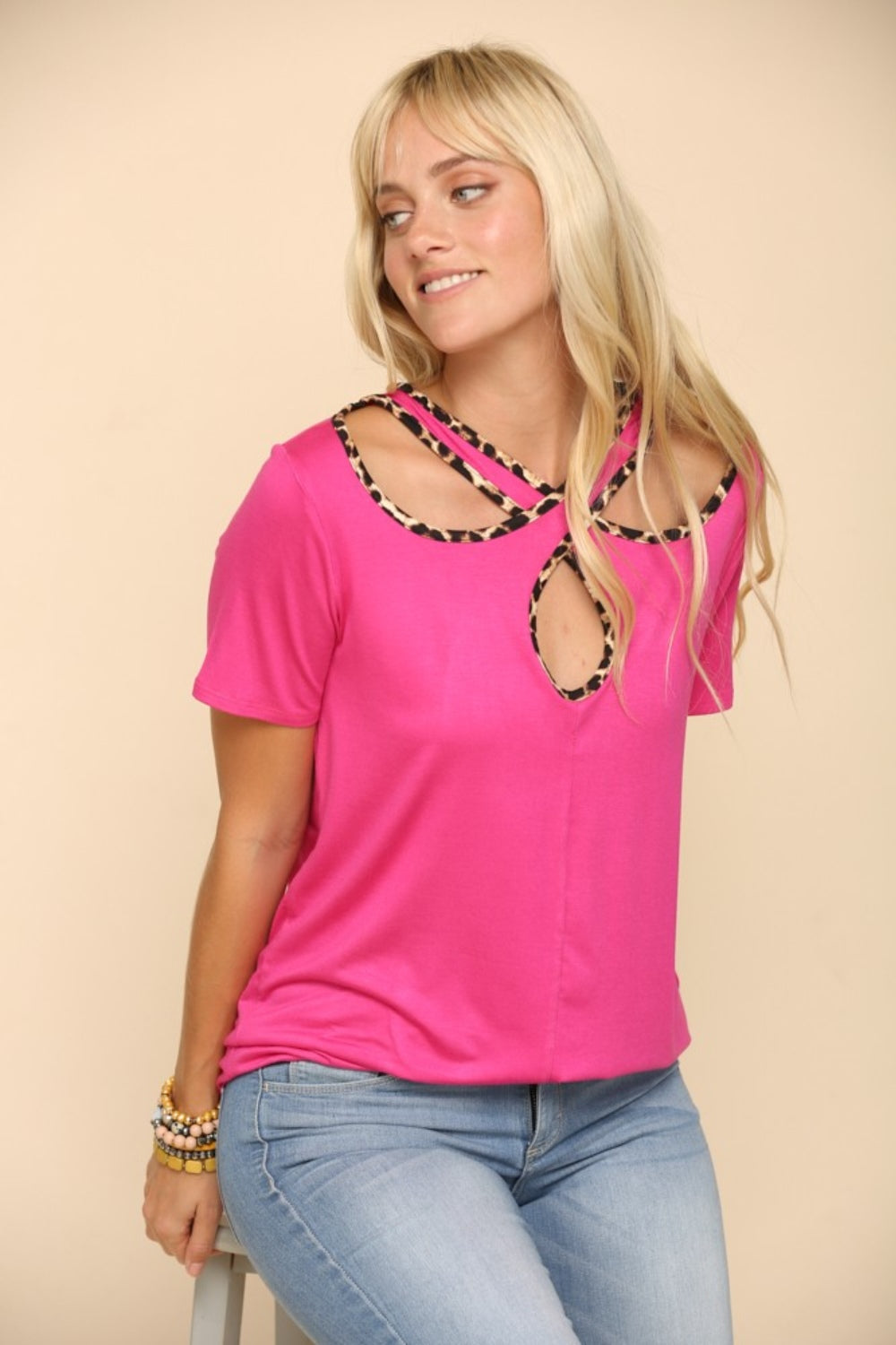 Celeste Crisscross Cutout Leopard Contrast Trim T-Shirt